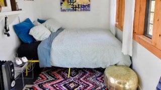 College dorm room bed and furniture