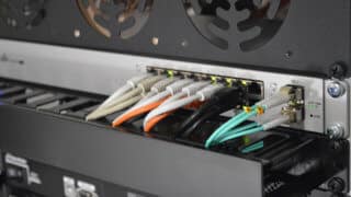 Close up of server equipment and cables in data center