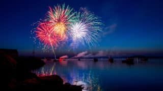 Red, green, and white fireworks over water