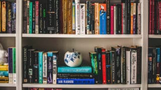 Two rows of a bookshelf with ceramic apple decoration in the middle