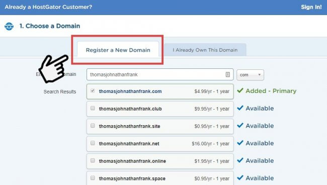 Registering a new domain.