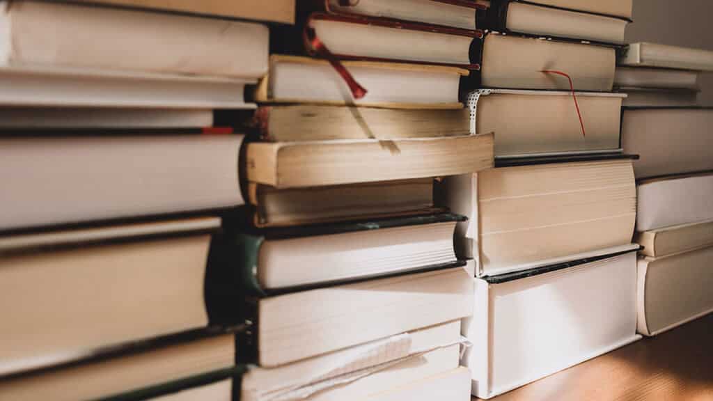 stacks of textbooks dappled with sunlight