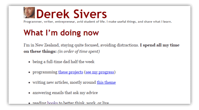 Derek's "Now" page