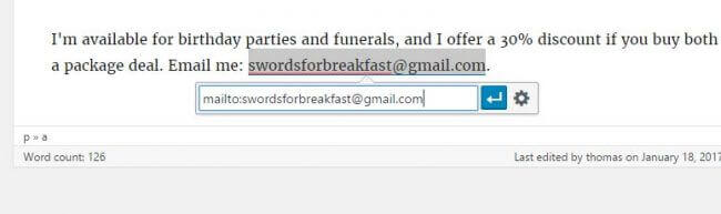 Inserimento di un indirizzo e-mail in una pagina di WordPress.