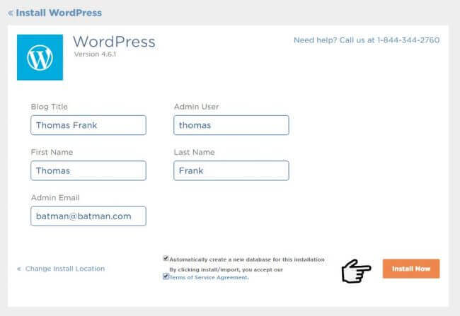 Installazione di WordPress - Nome utente e dettagli del sito