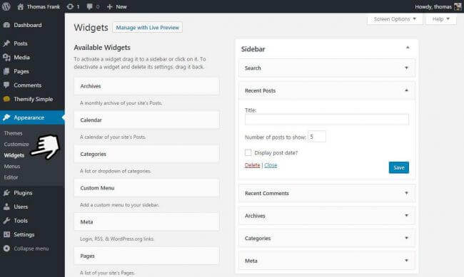 The Widgets area of the WordPress dashboard.