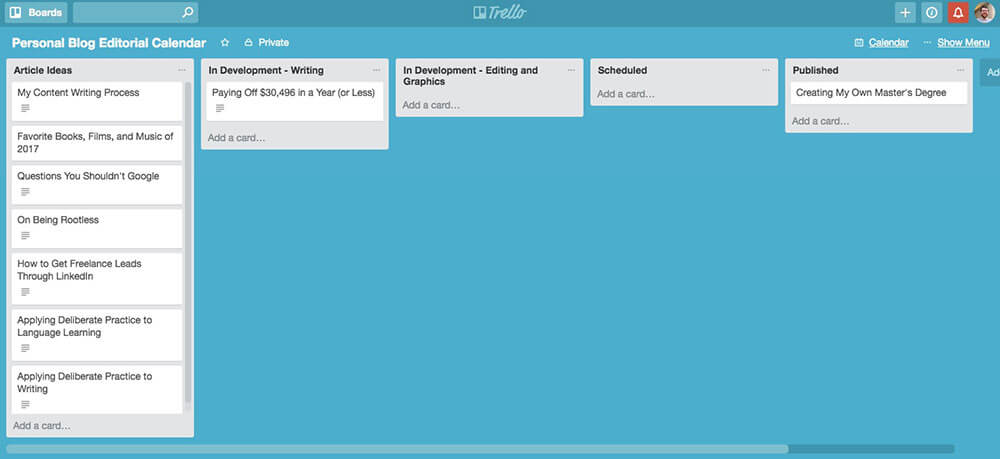 screenshot of trello project management app