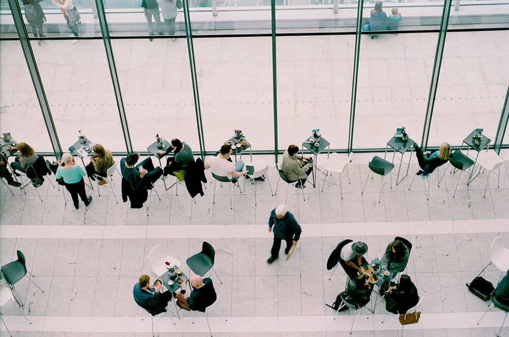 office workers eating lunch seen from above