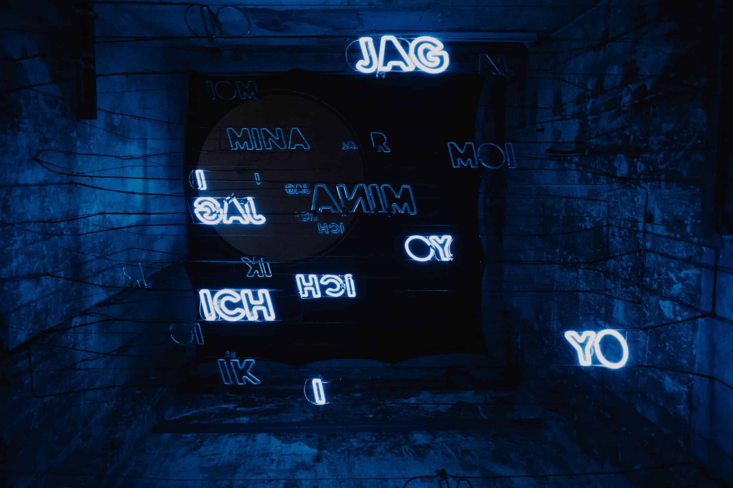 neon text on dark background