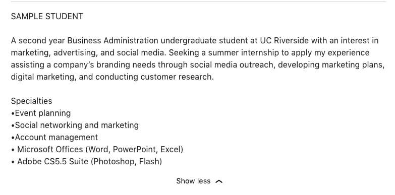 college student linkedin summary