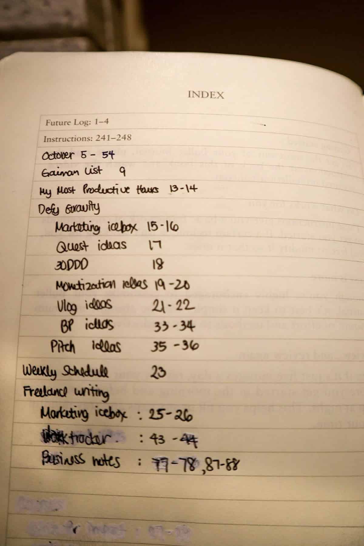 bullet journal index page example