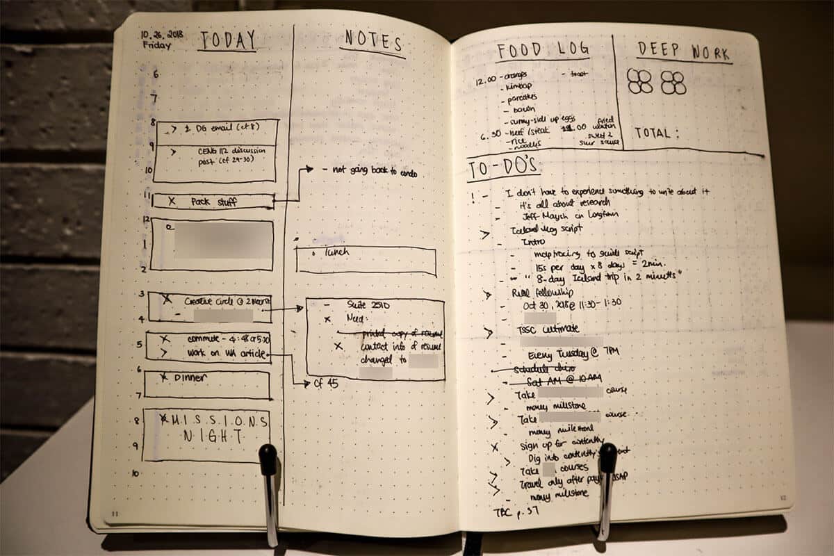 time blocked daily log in bullet journal