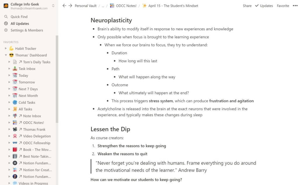 An example of class notes in Notion
