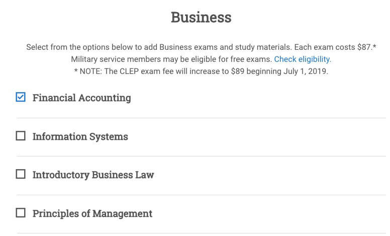 Checking registration box next to CLEP Financial Accounting exam