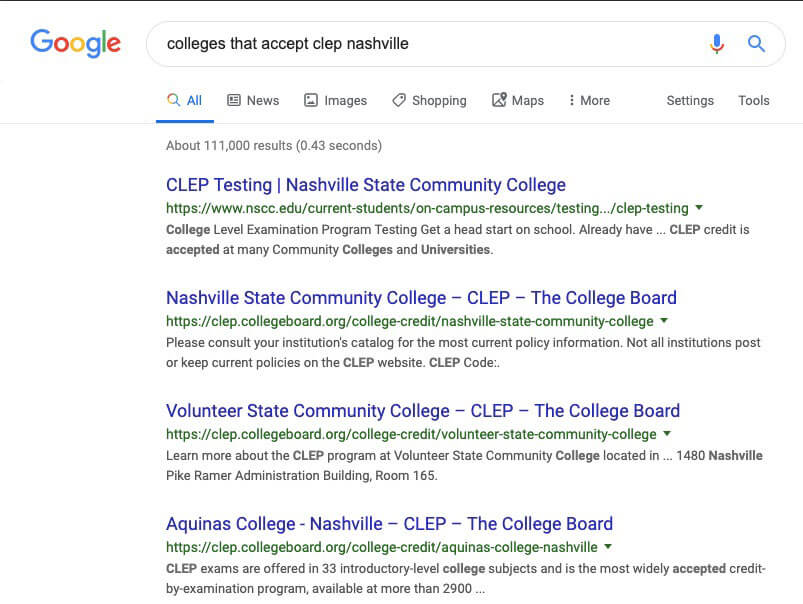 Nashville CLEP colleges Google search