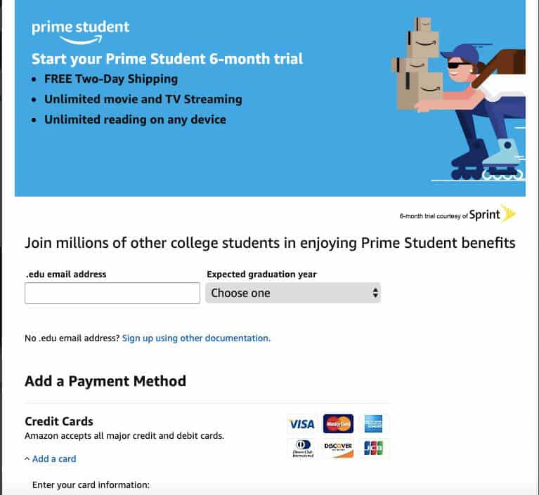 Prime Student sign-up form