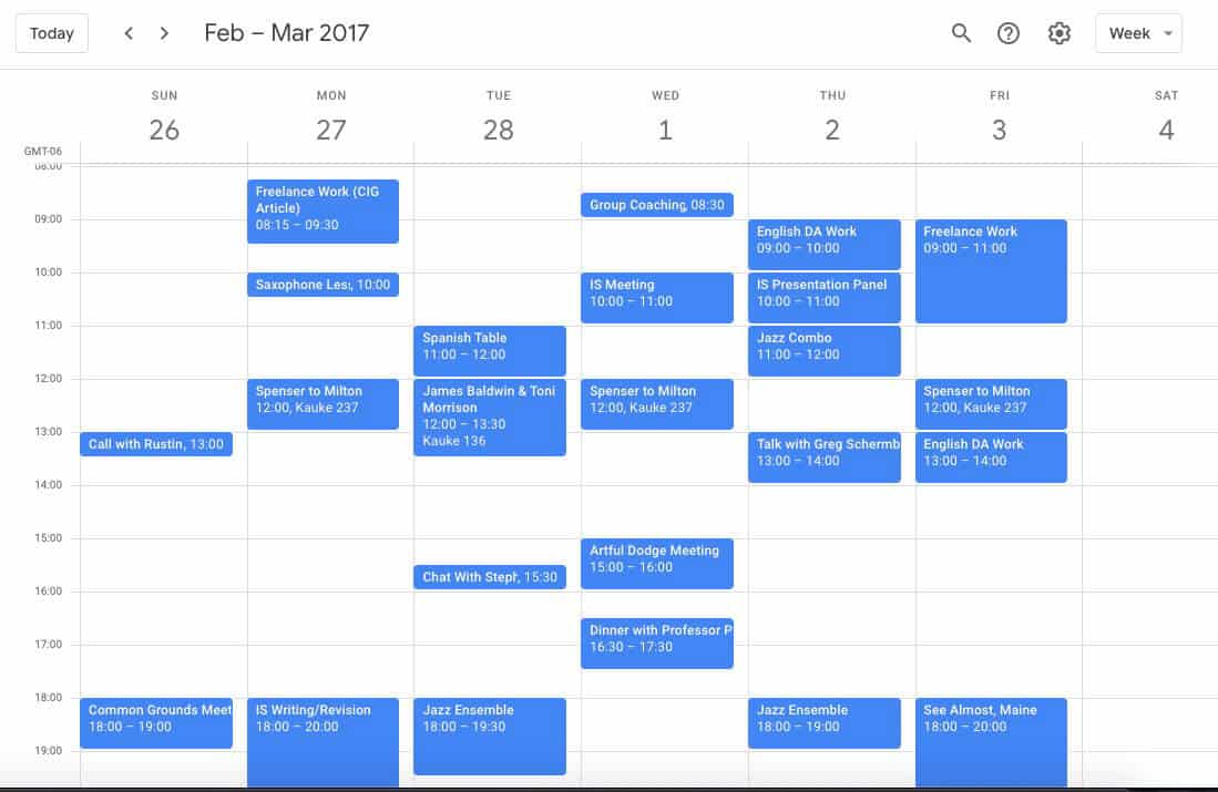 Senior year Google Calendar