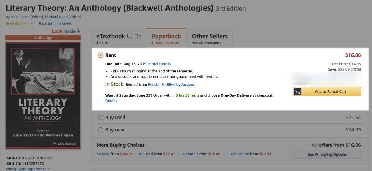 Viewing Amazon textbook rental price