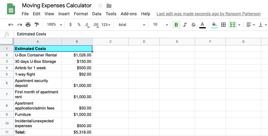 Estimated moving expenses spreadsheet