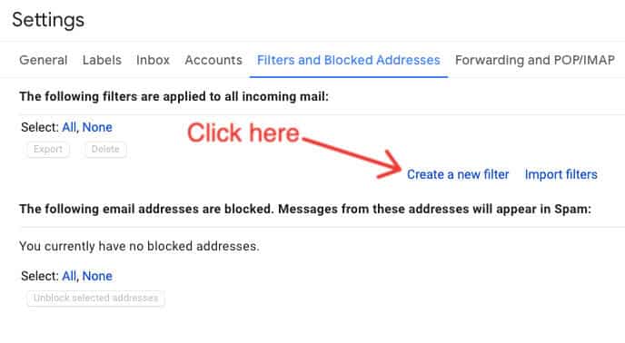 Click "Create a new filter"