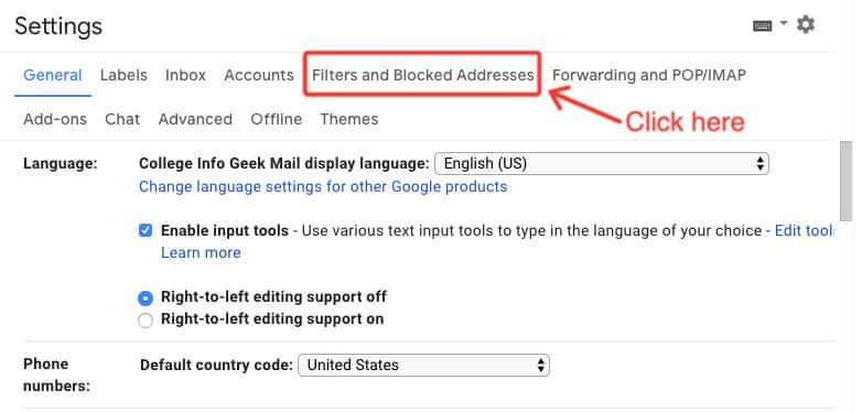 Click "Filters and Blocked Addresses"
