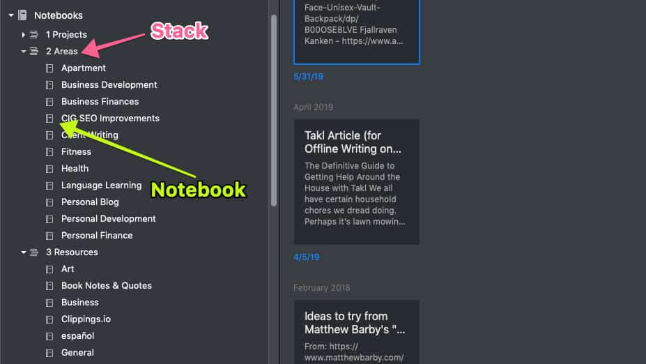 Evernote notebooks and stacks