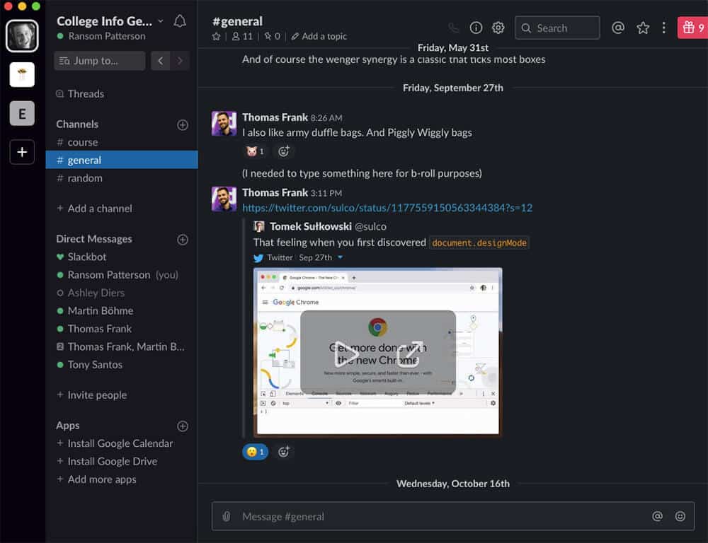 College Info Geek team Slack chat