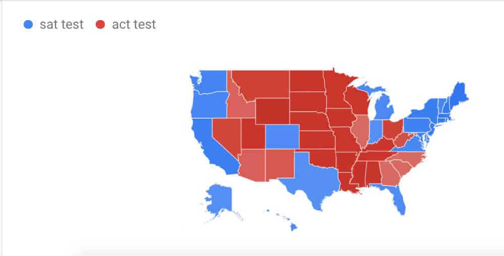 Google Trends map of interest in SAT vs. SAT across the United States