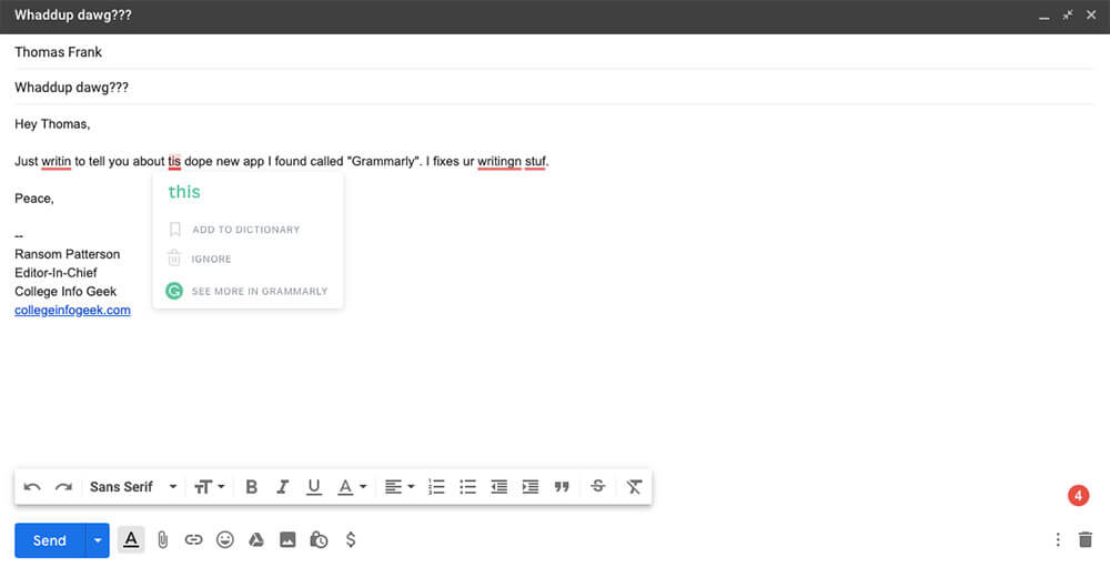 Using Grammarly to correct writing in Gmail