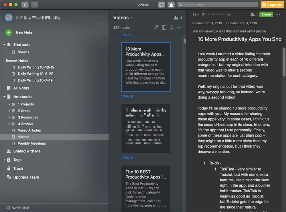 Evernote notebooks and note example