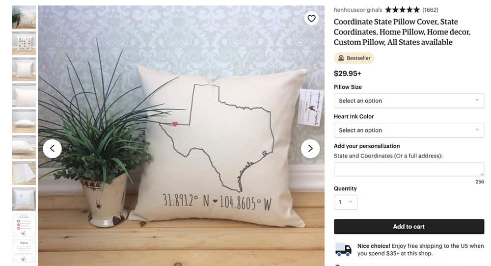 Tienda de Etsy con almohada que muestra el contorno del estado y las coordenadas