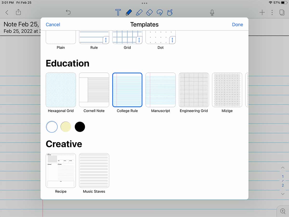 Choosing a note template in Notability