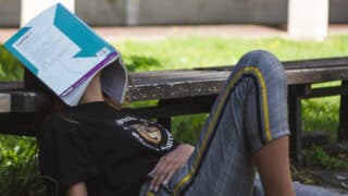 Person lying against bench with book over their head