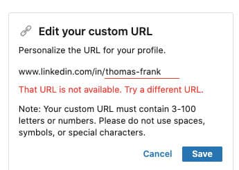 Entering an invalid LinkedIn URL
