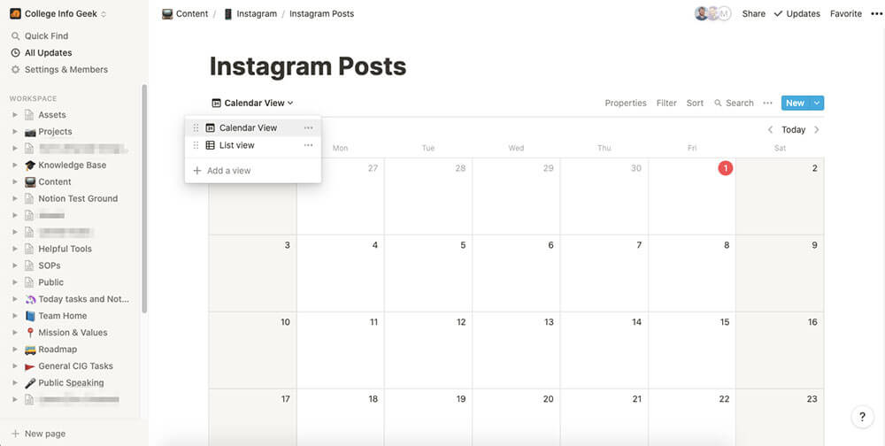 Notion app calendar interface