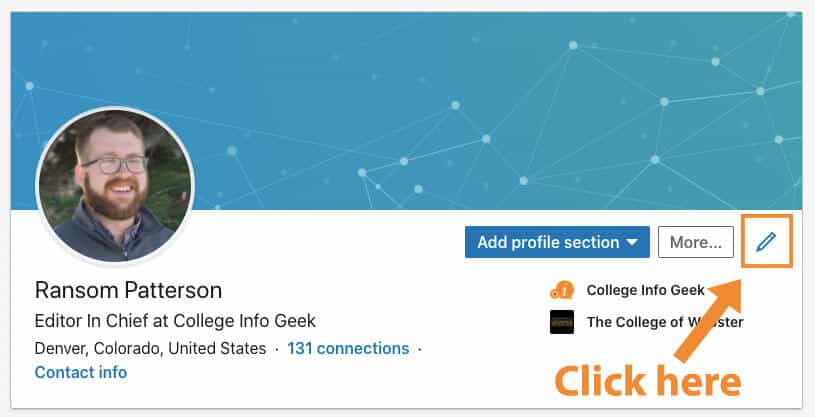 Click the pencil icon to edit your LinkedIn profile