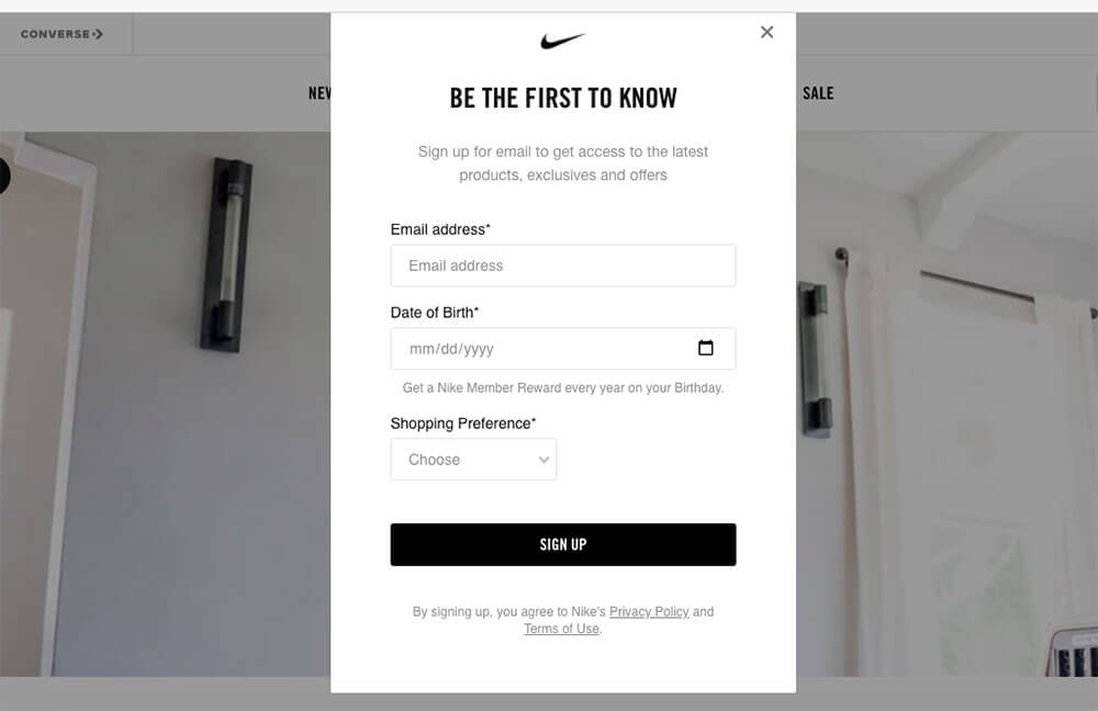 Email capture pop up on Nike website