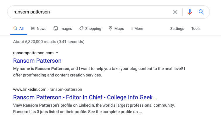 example google search for Ransom Patterson showing personal site ranking for keyword