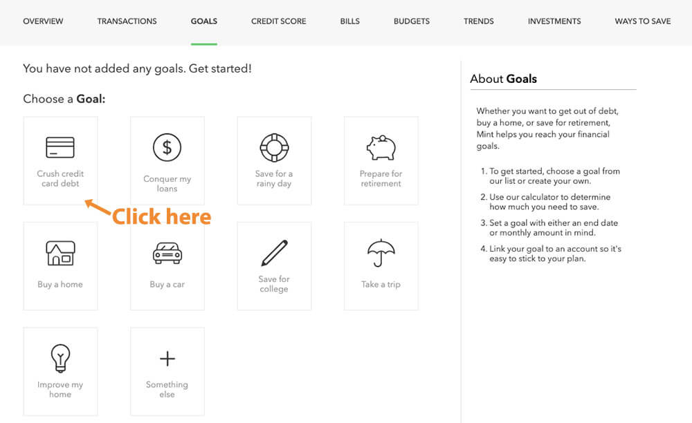 Click on "Crush credit card debt" in Mint