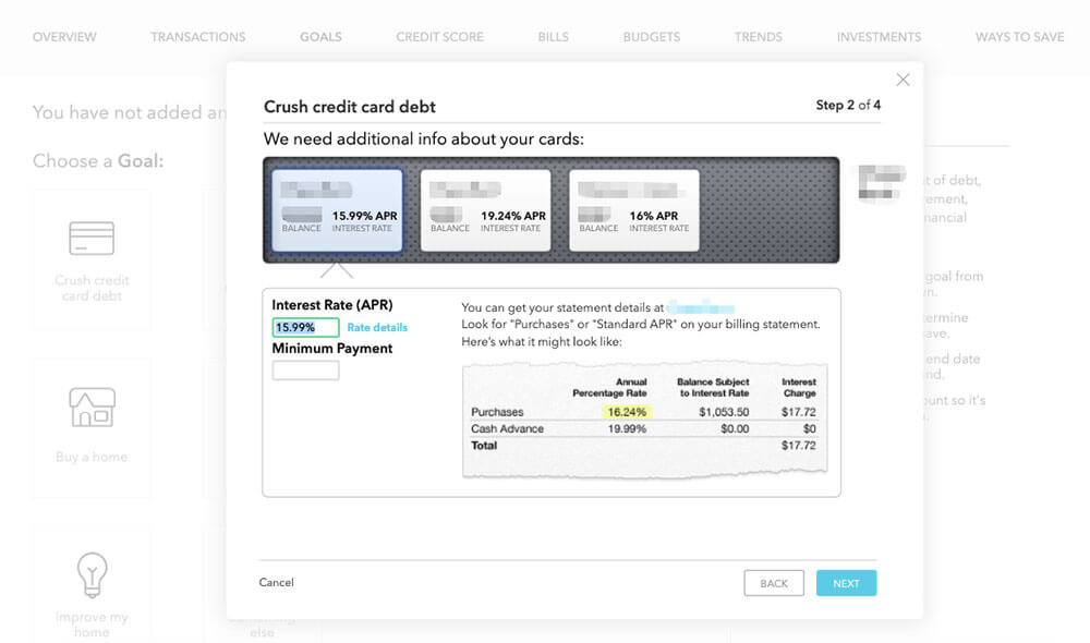 Entering the interest rate and minimum payment for credit card in Mint