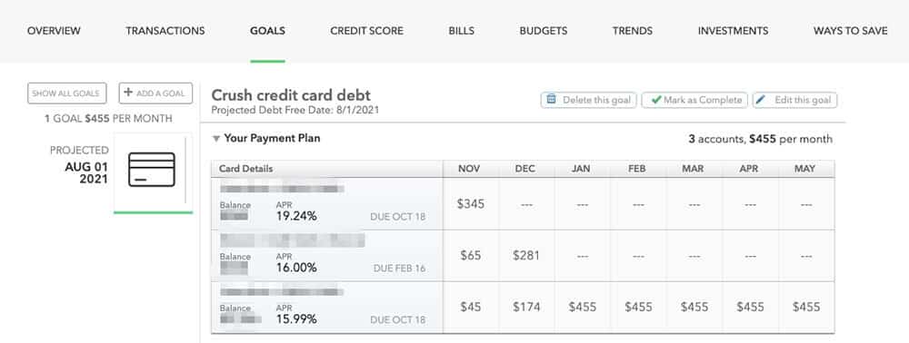 Credit card debt repayment schedule in Mint