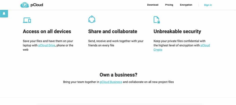 pCloud features page screenshot