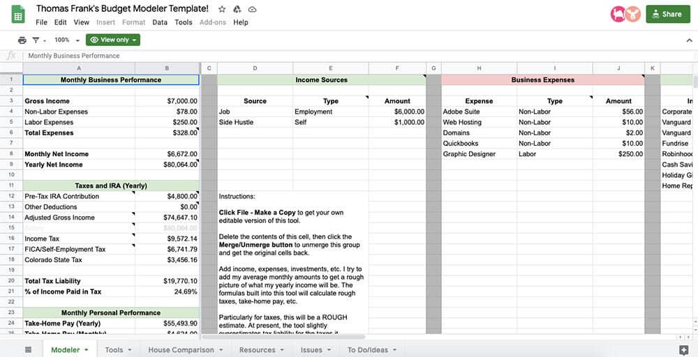 Budget modeler spreadsheet in Google Sheets