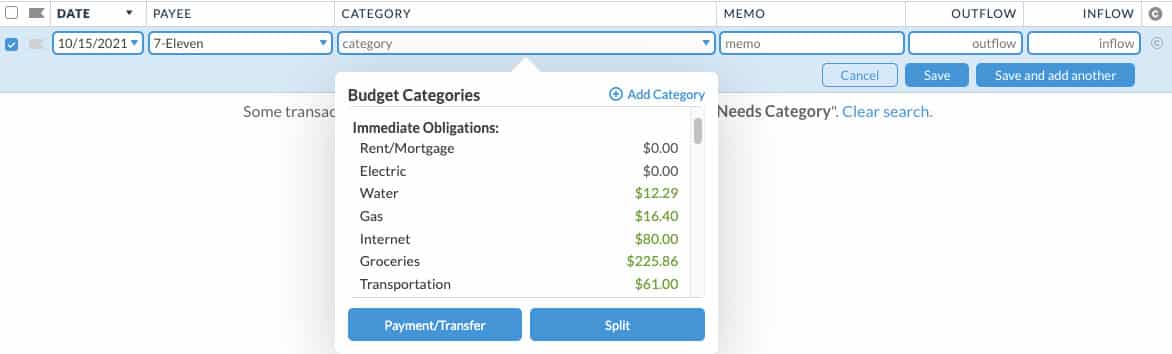 Categorizing a transaction in YNAB