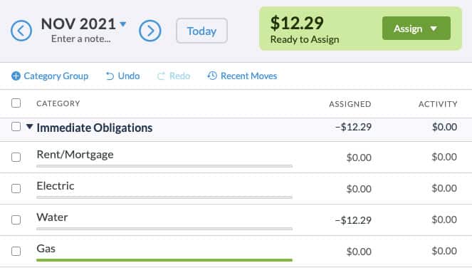 Money available to assign in YNAB budget