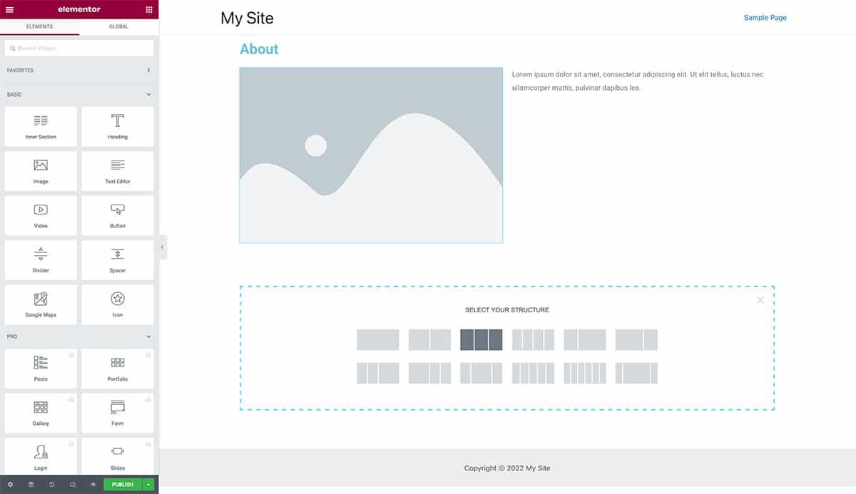 Editing a page in Elementor