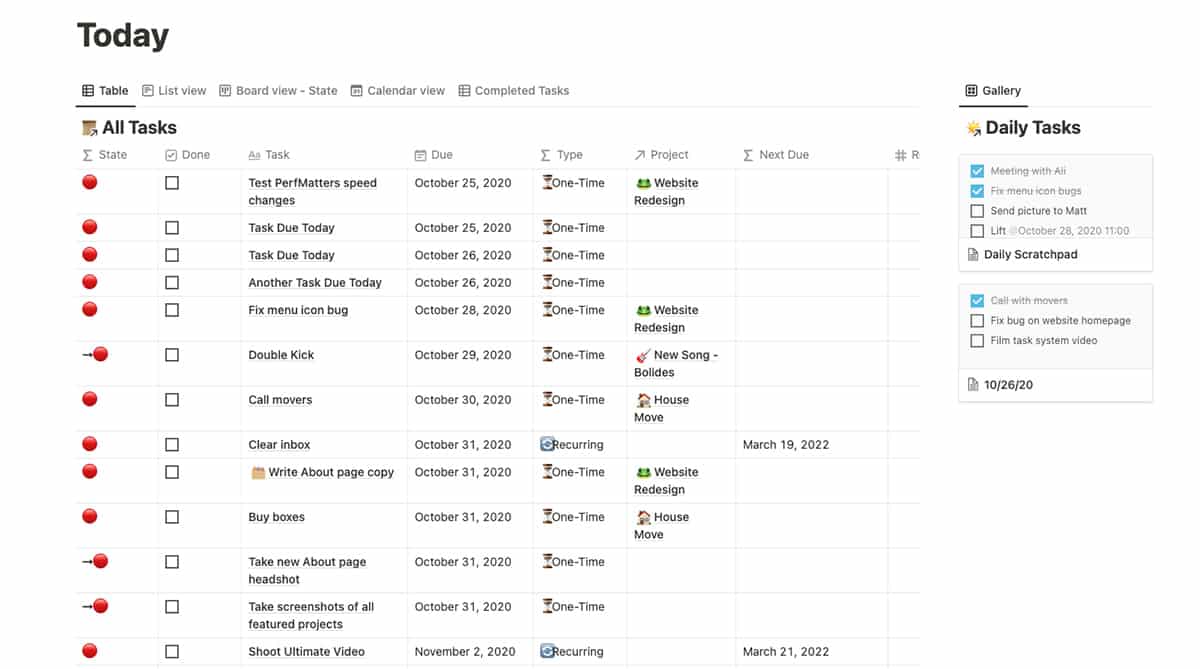 Notion to-do list showing due dates and recurring tasks.