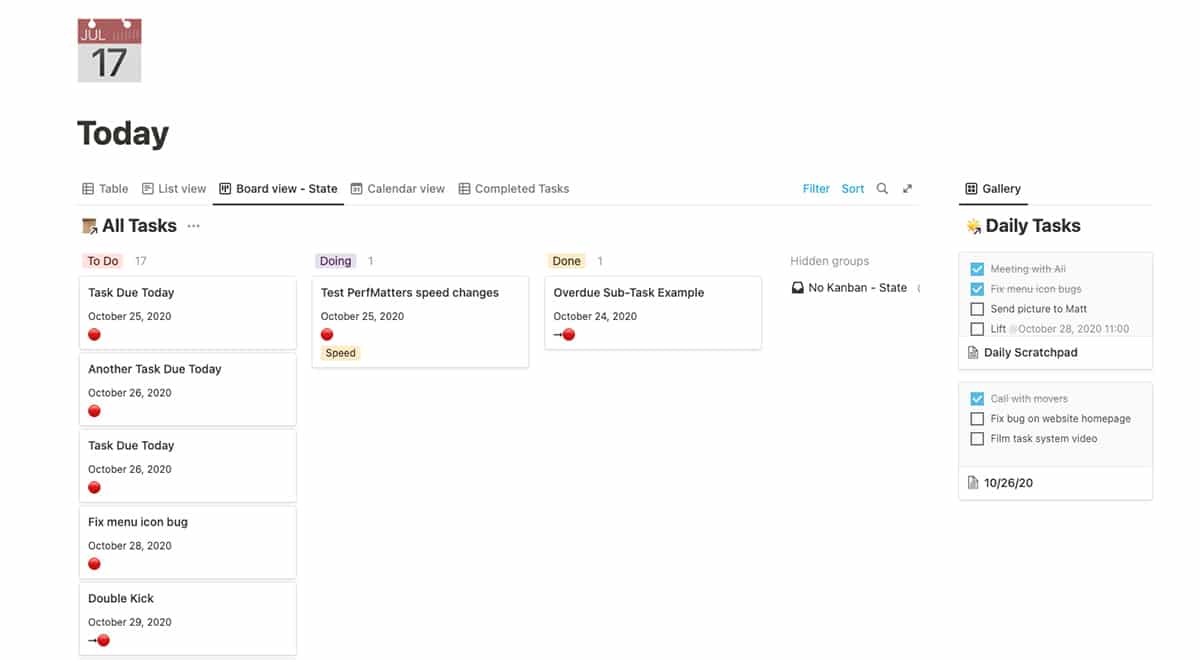 Tasks on a kanban board in Notion