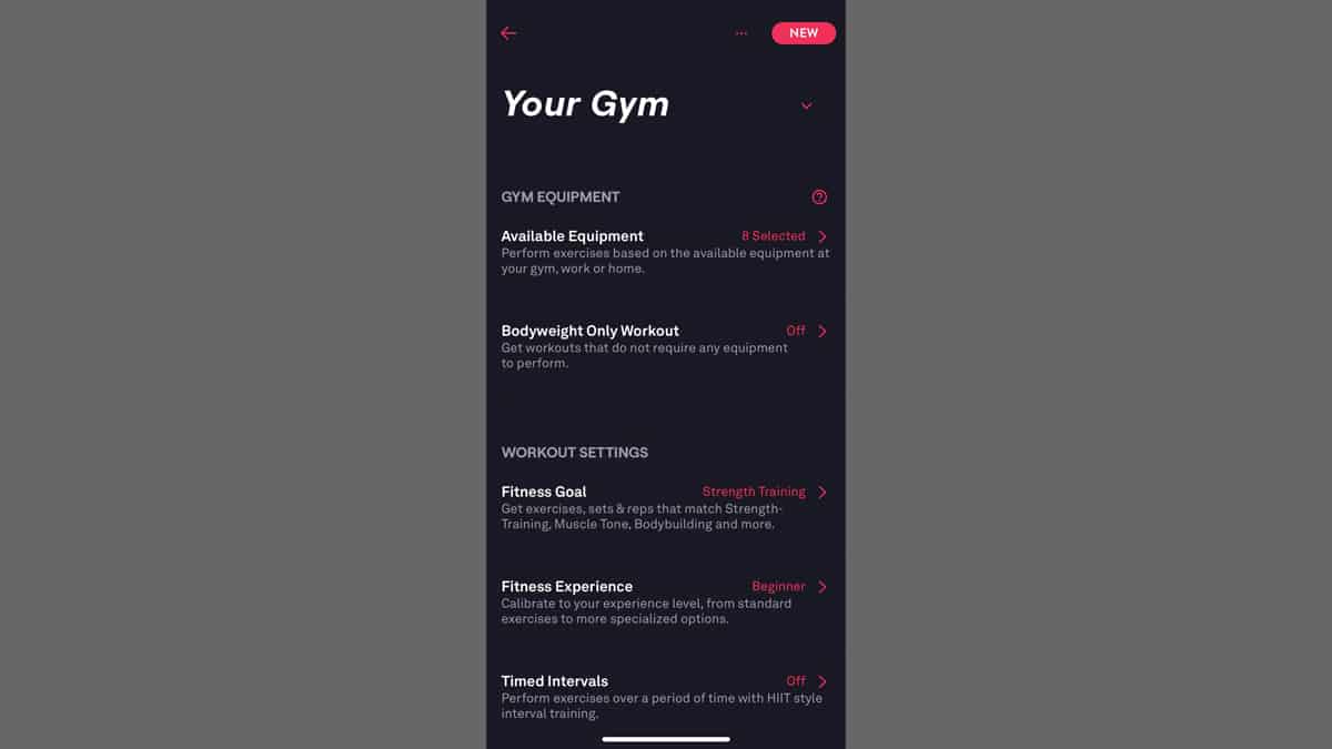 Your Gym screen of Fitbod