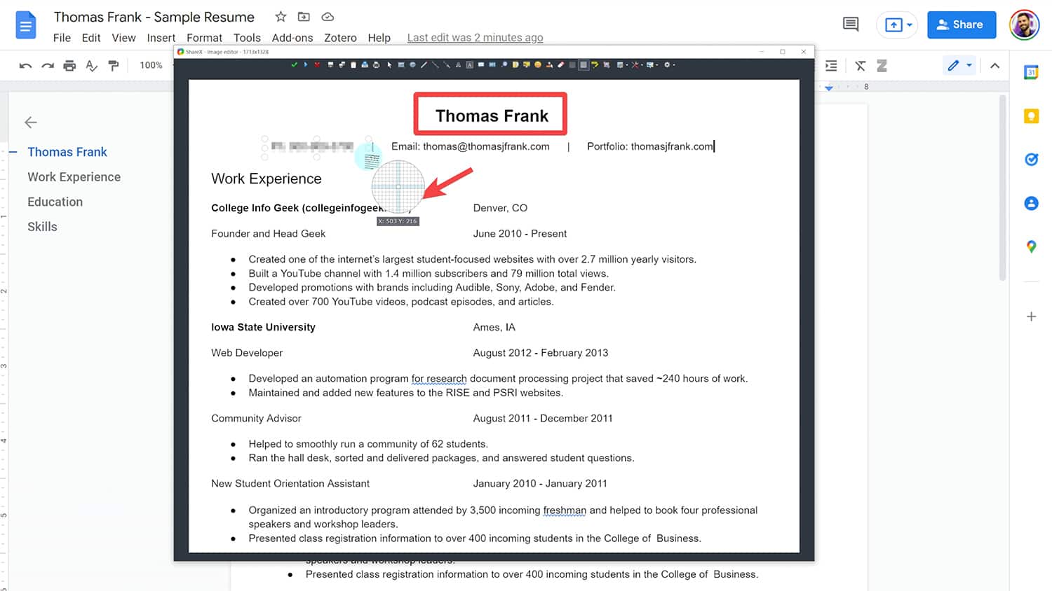 Annotating an image in the ShareX editor